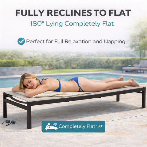 Kozyard fully reclining outdoor chaise lounge - reclines to 180° flat position perfect for full relaxation & napping, crafted with durable textilene fabric and sturdy aluminum frame for outdoor comfort.
