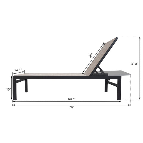 A beige outdoor lounge chair with a black frame is displayed with its dimensions. The measurements include a length of 76 inches, a width of 24.1 inches, a height of 15 inches at the lowest point and 39.3 inches at the highest point when the backrest is raised. The backrest itself measures 30 inches. Beige Outdoor Lounge Chair with Dimensions: Comfort and Space. beige outdoor lounge chair, lounge chair dimensions, black - framed lounge chair, outdoor relaxation furniture.
