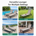 Kozyard versatile outdoor chaise lounge - suitable for multiple settings (poolside, lawn, terrace, patio), offering adjustable recline, made with durable textilene fabric and lightweight aluminum frame.
