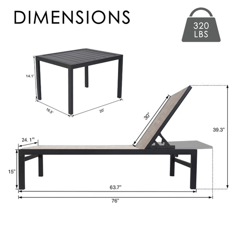 Kozyard Outdoor Chaise Lounge & Side Table Dimensions: 320 lbs weight capacity, metal-frame lounge (76" L) with adjustable recline, plus 20" x 16.5" side table; durable textilene fabric & sturdy metal construction for patio/poolside relaxation.
