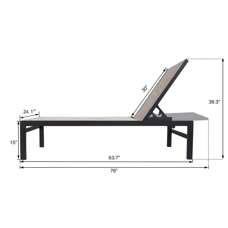 A beige outdoor lounge chair with a black frame is displayed with its dimensions. The measurements include a length of 76 inches, a width of 24.1 inches, a height of 15 inches at the lowest point and 39.3 inches at the highest point when the backrest is raised. The backrest itself measures 30 inches. Beige Outdoor Lounge Chair with Dimensions: Comfort and Space. beige outdoor lounge chair, lounge chair dimensions, black - framed lounge chair, outdoor relaxation furniture.