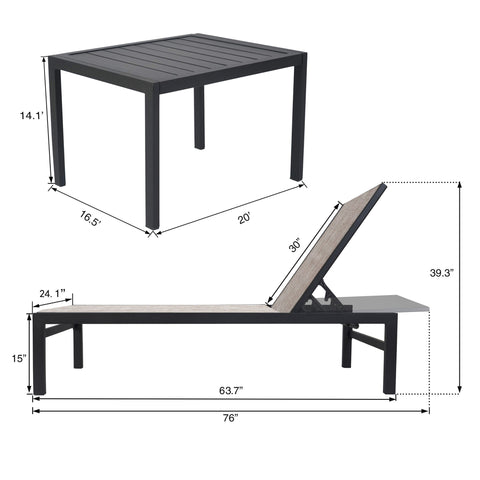 Kozyard outdoor chaise lounge & side table dimension chart - furniture measurement guide with detailed size specs for space planning, constructed with textilene fabric and aluminum frame, supports efficient outdoor setup arrangement.