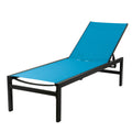 A single outdoor lounge chair with a striking blue fabric seat and backrest, set on a sleek black metal frame. The chair is adjustable, ideal for relaxing by the pool or on the patio. Blue Outdoor Lounge Chair with Black Frame for Relaxation. blue outdoor lounge chair, black - framed lounge chair, adjustable outdoor chair, patio relaxation furniture.