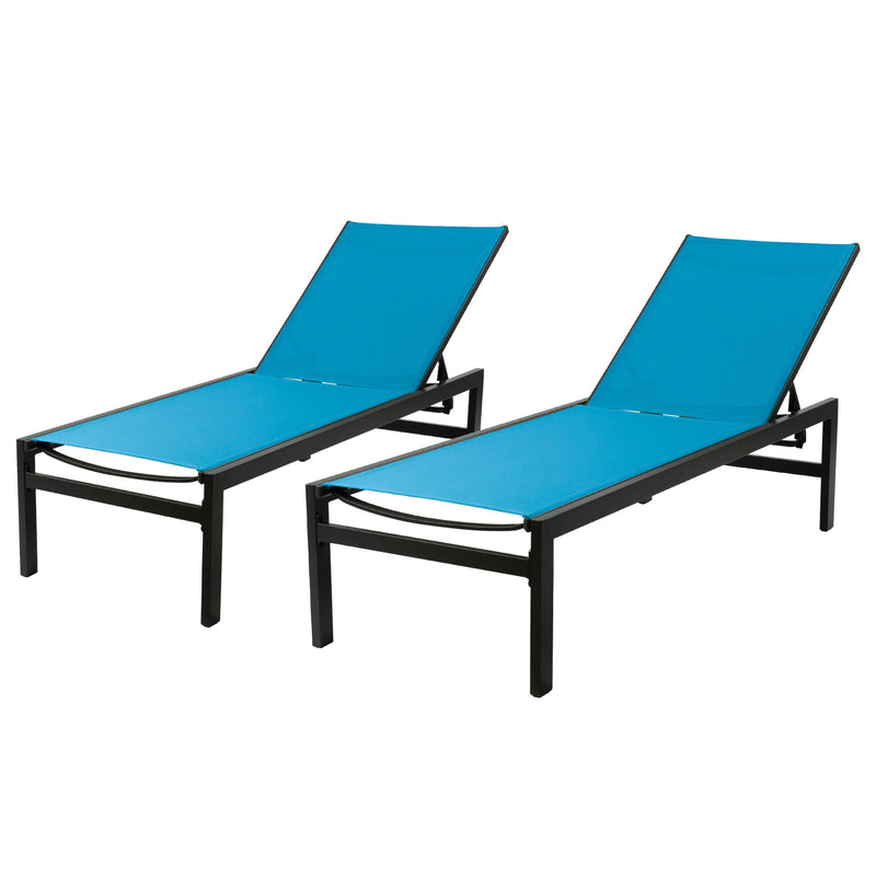 Two outdoor lounge chairs with vibrant blue fabric resting on black metal frames. They are designed for relaxation, suitable for poolside or patio settings. Blue Outdoor Lounge Chairs: Relax in Style. blue outdoor lounge chairs, black - framed lounge chairs, outdoor relaxation furniture, patio loungers.