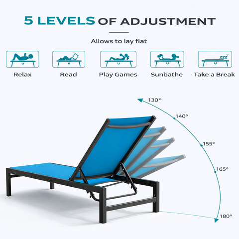Kozyard adjustable outdoor chaise lounge - features 5 levels of adjustment (including flat 180° recline) for reading, relaxing & sunbathing, made with durable textilene fabric and sturdy aluminum frame.
