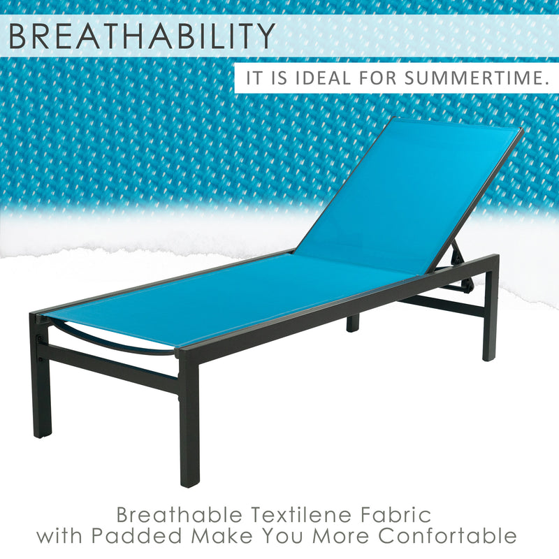 A blue outdoor lounge chair with a black frame is featured. The text "BREATHABILITY IT IS IDEAL FOR SUMMERTIME." is displayed above, and "BREATHABLE TEXTILENE FABRIC WITH PADDED MAKE YOU MORE COMFORTABLE" below. A close-up pattern of the breathable fabric is in the background, emphasizing the chair's comfort-enhancing feature. blue outdoor lounge chair, breathable Textilene fabric, summer lounge chair, comfortable outdoor seating.