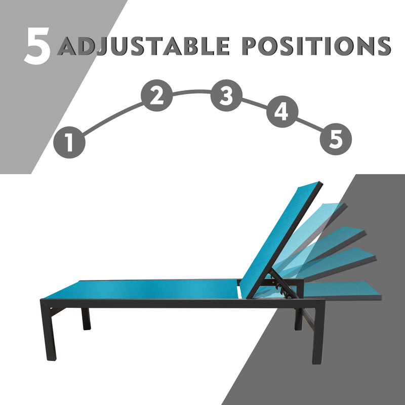 A blue outdoor lounge chair with a black frame is shown, highlighting its feature of "5 ADJUSTABLE POSITIONS." The visual includes a numbered arc from 1 to 5 above the chair, indicating the different reclining angles available. blue outdoor lounge chair, 5 adjustable positions, reclining lounge chair, outdoor relaxation furniture.

