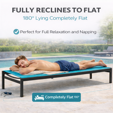 Kozyard fully reclining outdoor chaise lounge - reclines to 180° flat position perfect for full relaxation & napping, crafted with durable textilene fabric and sturdy aluminum frame for outdoor comfort.
