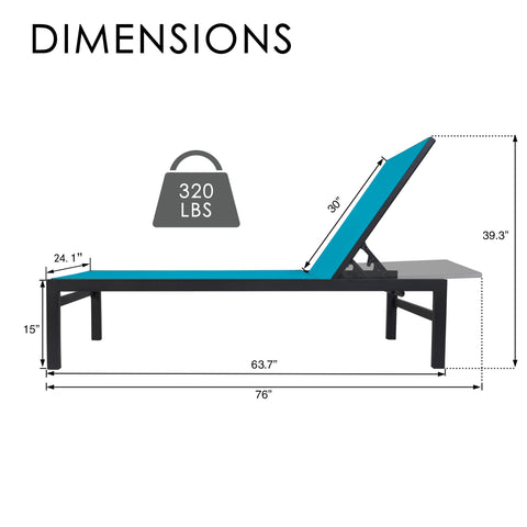 Kozyard Adjustable Outdoor Chaise Lounge Dimensions: 320 lbs weight capacity, 76" L metal-frame lounge with reclining backrest; durable textilene fabric, sturdy metal construction ideal for outdoor patio, deck, or poolside seating.
