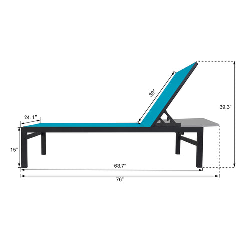Kozyard outdoor chaise lounge - detailed dimension chart (76” length, 24.1” width, adjustable height) for space planning, constructed with durable textilene fabric and sturdy aluminum frame.