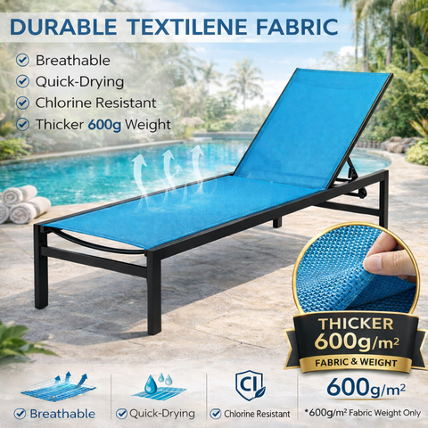 Kozyard outdoor chaise lounge - constructed with durable 600g textilene fabric that’s breathable, quick-drying & chlorine-resistant, paired with a sturdy frame, ideal for long-lasting outdoor use.
