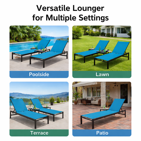 Kozyard versatile outdoor chaise lounge - suitable for multiple settings (poolside, lawn, terrace, patio), offering adjustable recline, made with durable textilene fabric and lightweight aluminum frame.
