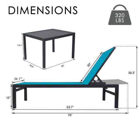 Kozyard Outdoor Chaise Lounge & Side Table Dimensions: 320 lbs weight capacity, metal-frame lounge (76" L) with adjustable recline, plus 20" x 16.5" side table; durable textilene fabric & sturdy metal construction for patio/poolside relaxation.

