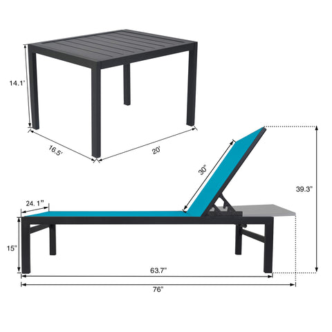 Kozyard outdoor chaise lounge & side table dimension chart - furniture measurement guide with detailed size specs for space planning, constructed with textilene fabric and aluminum frame, supports efficient outdoor setup arrangement.