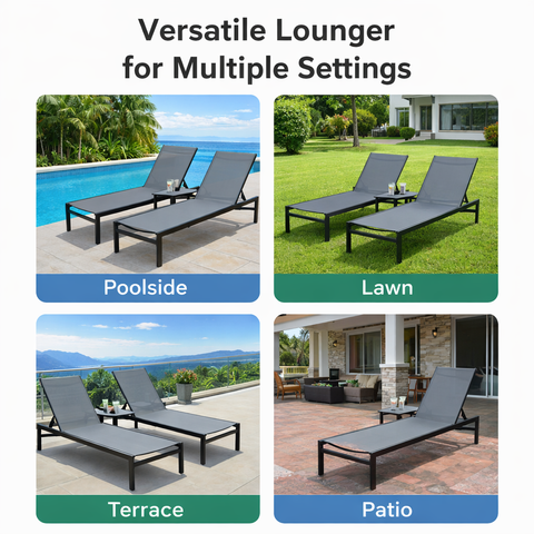 Kozyard versatile outdoor chaise lounge - suitable for multiple settings (poolside, lawn, terrace, patio), offering adjustable recline, made with durable textilene fabric and lightweight aluminum frame.
