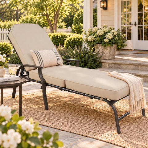 Kozyard outdoor chaise lounge chair with thick cushions, adjustable reclining backrest, supportive armrests and durable metal frame creates a comfortable relaxation spot for patio, poolside, backyard, deck or garden. This cushioned outdoor lounger combines spacious full-body support with a stylish design, making it ideal for sunbathing, reading, resting and everyday outdoor living.