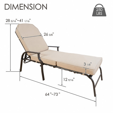 Kozyard adjustable outdoor chaise lounge chair features a spacious 26 3/8-inch width, approximately 64 to 73-inch adjustable length, 28 5/16 to 41 1/16-inch height and 250 lb weight capacity. The cushioned patio recliner provides generous full-body support and comfortable proportions for poolside, backyard, deck, balcony, garden and outdoor relaxation.