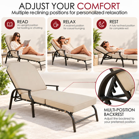 Kozyard adjustable outdoor chaise lounge chair offers multiple reclining positions for personalized comfort, from upright seating for reading and conversation to reclined lounging and restful relaxation. The multi-position backrest, thick cushioned surface, supportive armrests and sturdy frame make this patio recliner ideal for poolside, backyard, deck, balcony and garden outdoor living.