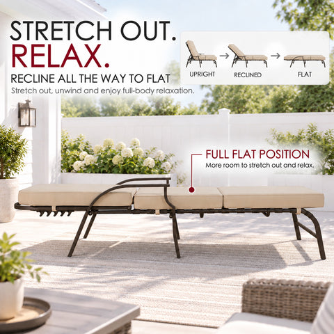 Kozyard reclining outdoor chaise lounge adjusts from an upright position to multiple reclined angles and a full flat position for comfortable full-body relaxation. This adjustable patio lounge chair with thick cushions and supportive metal frame provides plenty of room to stretch out, sunbathe, read or rest, making it a versatile poolside lounger for backyard, deck, patio and garden use.