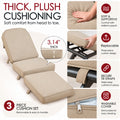 Kozyard cushioned outdoor chaise lounge features a thick three-piece cushion set with soft supportive padding for head-to-toe comfort. Removable cushion sections, secure tie straps and washable zippered covers provide convenient care and help keep cushions in place. Designed for patio, poolside, deck and backyard use, this reclining lounge chair combines comfort, support and easy maintenance.