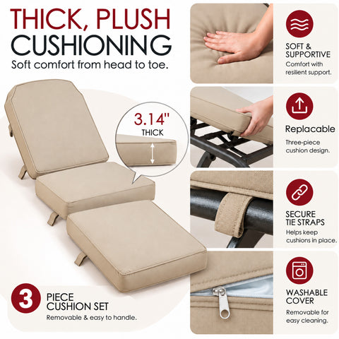 Kozyard cushioned outdoor chaise lounge features a thick three-piece cushion set with soft supportive padding for head-to-toe comfort. Removable cushion sections, secure tie straps and washable zippered covers provide convenient care and help keep cushions in place. Designed for patio, poolside, deck and backyard use, this reclining lounge chair combines comfort, support and easy maintenance.