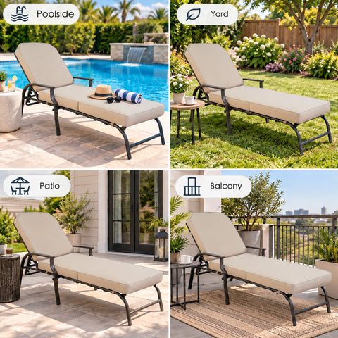 Kozyard versatile outdoor chaise lounge chair is designed for poolside, yard, patio, balcony, deck, porch and garden relaxation. Featuring thick comfortable cushions, an adjustable reclining backrest, supportive armrests and durable metal construction, this cushioned patio lounger offers a comfortable place for sunbathing, reading, resting and enjoying everyday outdoor living in multiple spaces.