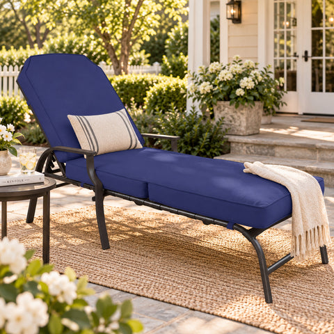 Kozyard outdoor chaise lounge chair with thick cushions, adjustable reclining backrest, supportive armrests and durable metal frame creates a comfortable relaxation spot for patio, poolside, backyard, deck or garden. This cushioned outdoor lounger combines spacious full-body support with a stylish design, making it ideal for sunbathing, reading, resting and everyday outdoor living.