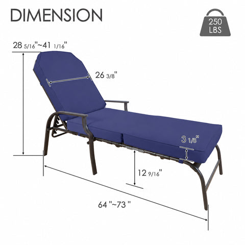 Kozyard adjustable outdoor chaise lounge chair features a spacious 26 3/8-inch width, approximately 64 to 73-inch adjustable length, 28 5/16 to 41 1/16-inch height and 250 lb weight capacity. The cushioned patio recliner provides generous full-body support and comfortable proportions for poolside, backyard, deck, balcony, garden and outdoor relaxation.