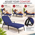 Kozyard adjustable outdoor chaise lounge chair offers multiple reclining positions for personalized comfort, from upright seating for reading and conversation to reclined lounging and restful relaxation. The multi-position backrest, thick cushioned surface, supportive armrests and sturdy frame make this patio recliner ideal for poolside, backyard, deck, balcony and garden outdoor living.