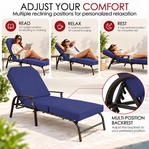 Kozyard adjustable outdoor chaise lounge chair offers multiple reclining positions for personalized comfort, from upright seating for reading and conversation to reclined lounging and restful relaxation. The multi-position backrest, thick cushioned surface, supportive armrests and sturdy frame make this patio recliner ideal for poolside, backyard, deck, balcony and garden outdoor living.