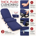 Kozyard cushioned outdoor chaise lounge features a thick three-piece cushion set with soft supportive padding for head-to-toe comfort. Removable cushion sections, secure tie straps and washable zippered covers provide convenient care and help keep cushions in place. Designed for patio, poolside, deck and backyard use, this reclining lounge chair combines comfort, support and easy maintenance.