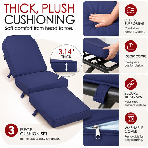 Kozyard cushioned outdoor chaise lounge features a thick three-piece cushion set with soft supportive padding for head-to-toe comfort. Removable cushion sections, secure tie straps and washable zippered covers provide convenient care and help keep cushions in place. Designed for patio, poolside, deck and backyard use, this reclining lounge chair combines comfort, support and easy maintenance.