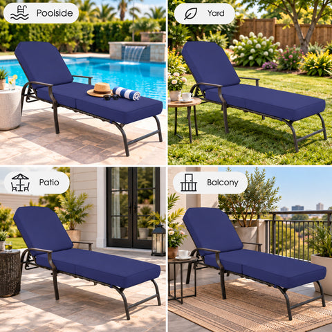 Kozyard versatile outdoor chaise lounge chair is designed for poolside, yard, patio, balcony, deck, porch and garden relaxation. Featuring thick comfortable cushions, an adjustable reclining backrest, supportive armrests and durable metal construction, this cushioned patio lounger offers a comfortable place for sunbathing, reading, resting and enjoying everyday outdoor living in multiple spaces.