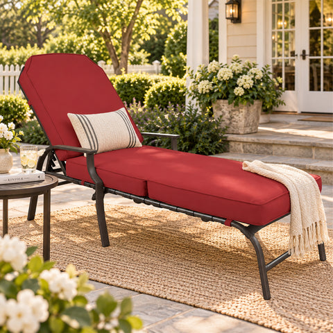 Kozyard outdoor chaise lounge chair with red cushion and adjustable reclining backrest, featuring a sturdy powder-coated steel frame and comfortable padded seating for relaxing outdoors. Stylish patio chaise lounge designed for poolside, backyard, deck, porch, garden and outdoor living spaces, offering full-body support for reading, sunbathing and lounging.