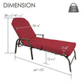 Kozyard adjustable outdoor chaise lounge chair dimensions and specifications, featuring a 26.3-inch wide seat, 64 to 73-inch adjustable overall length, 28.3 to 41.1-inch height, 12.6-inch seat height and 3.14-inch thick cushion. Powder-coated steel patio lounge chair with soft red cushion, approximately 40 lbs, designed for comfortable poolside and backyard lounging.