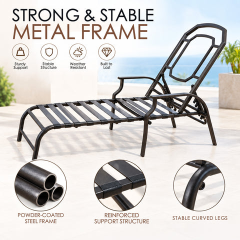 Kozyard heavy duty outdoor chaise lounge with strong powder-coated steel frame, reinforced support structure and stable curved legs for dependable outdoor use. Durable metal patio lounge chair frame provides sturdy support and weather-resistant construction for poolside, backyard, deck, porch and garden seating, combining long-lasting strength with comfortable outdoor relaxation.