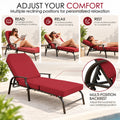 Kozyard adjustable reclining outdoor chaise lounge chair with multi-position backrest for personalized comfort, allowing upright seating for reading, reclined lounging for relaxing and a lower resting position for full-body comfort. Cushioned patio recliner with durable metal frame is ideal for poolside, backyard, deck, porch, balcony and garden outdoor relaxation.