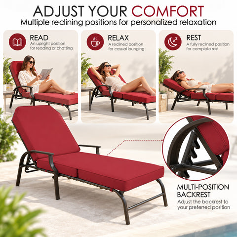 Kozyard adjustable reclining outdoor chaise lounge chair with multi-position backrest for personalized comfort, allowing upright seating for reading, reclined lounging for relaxing and a lower resting position for full-body comfort. Cushioned patio recliner with durable metal frame is ideal for poolside, backyard, deck, porch, balcony and garden outdoor relaxation.
