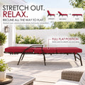 Kozyard outdoor chaise lounge chair reclines all the way to a full flat position, creating extra room to stretch out, sunbathe and enjoy full-body relaxation. Adjustable patio reclining lounge chair features a cushioned surface and sturdy metal frame, making it ideal as a poolside lounger, backyard sun lounger, deck chair or comfortable outdoor daybed-style patio furniture.