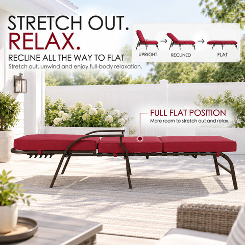 Kozyard outdoor chaise lounge chair reclines all the way to a full flat position, creating extra room to stretch out, sunbathe and enjoy full-body relaxation. Adjustable patio reclining lounge chair features a cushioned surface and sturdy metal frame, making it ideal as a poolside lounger, backyard sun lounger, deck chair or comfortable outdoor daybed-style patio furniture.