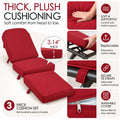 Kozyard outdoor chaise lounge with thick 3.14-inch plush three-piece cushion set for soft, supportive head-to-toe comfort. Removable red cushions feature secure tie straps to help keep them in place and removable washable covers for easier cleaning. Comfortable cushioned patio lounge chair designed for poolside, backyard, deck, porch and garden relaxation.