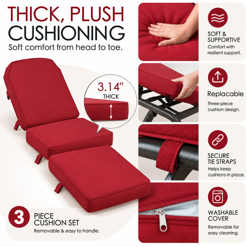 Kozyard outdoor chaise lounge with thick 3.14-inch plush three-piece cushion set for soft, supportive head-to-toe comfort. Removable red cushions feature secure tie straps to help keep them in place and removable washable covers for easier cleaning. Comfortable cushioned patio lounge chair designed for poolside, backyard, deck, porch and garden relaxation.