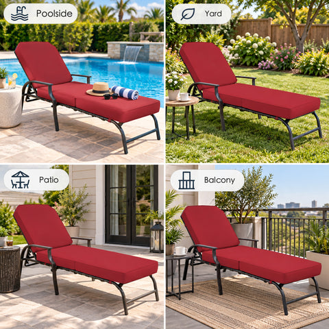 Kozyard versatile outdoor chaise lounge chair with red cushions for poolside, yard, patio and balcony use. Adjustable reclining patio lounger combines a comfortable padded seat with a sturdy metal frame for relaxing, reading and sunbathing in multiple outdoor spaces. Stylish outdoor lounge furniture for swimming pool areas, backyard gardens, decks, porches and balconies.