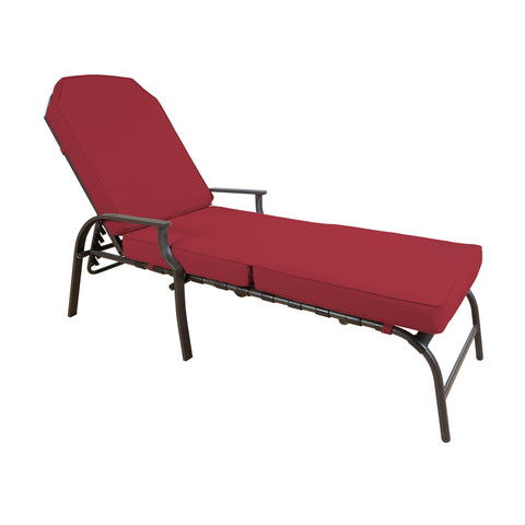 Kozyard red outdoor chaise lounge chair with thick cushioned seating, adjustable reclining backrest, supportive armrests and durable powder-coated steel frame. Comfortable patio chaise lounge provides spacious full-body support for relaxing, reading and sunbathing, making it a versatile outdoor lounge chair for poolside, backyard, deck, porch, balcony and garden furniture setups.