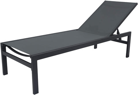 A gray outdoor lounge chair with a black frame is shown in a reclined position, ideal for relaxation. The chair features a simple and sturdy design, suitable for outdoor settings like patios or pool - sides. Gray Outdoor Lounge Chair: Comfort and Style for Relaxation. gray outdoor lounge chair, black - framed lounge chair, outdoor relaxation furniture, patio lounge chair