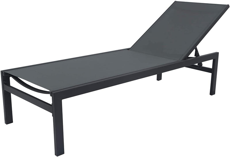 A gray outdoor lounge chair with a black frame is shown in a reclined position, ideal for relaxation. The chair features a simple and sturdy design, suitable for outdoor settings like patios or pool - sides. Gray Outdoor Lounge Chair: Comfort and Style for Relaxation. gray outdoor lounge chair, black - framed lounge chair, outdoor relaxation furniture, patio lounge chair