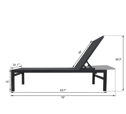 A gray outdoor lounge chair with a black frame is displayed with its dimensions. The measurements include a length of 76 inches, a width of 24.1 inches, a height of 15 inches at the lowest point and 39.3 inches at the highest point when the backrest is raised. The backrest itself measures 30 inches. gray outdoor lounge chair, lounge chair dimensions, black-framed lounge chair, outdoor relaxation furniture.

