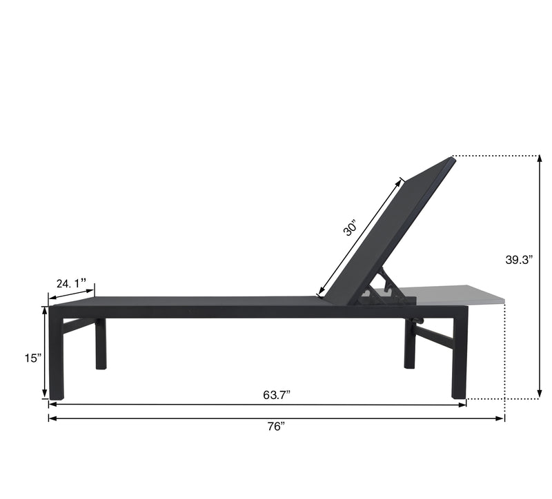 A gray outdoor lounge chair with a black frame is displayed with its dimensions. The measurements include a length of 76 inches, a width of 24.1 inches, a height of 15 inches at the lowest point and 39.3 inches at the highest point when the backrest is raised. The backrest itself measures 30 inches. gray outdoor lounge chair, lounge chair dimensions, black-framed lounge chair, outdoor relaxation furniture.

