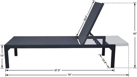 A gray outdoor lounge chair with a black frame is displayed with its dimensions. The measurements include a length of 76 inches, a width of 24.1 inches, a height of 15 inches at the lowest point and 39.3 inches at the highest point when the backrest is raised. The backrest itself measures 30 inches. gray outdoor lounge chair, lounge chair dimensions, black-framed lounge chair, outdoor relaxation furniture.

