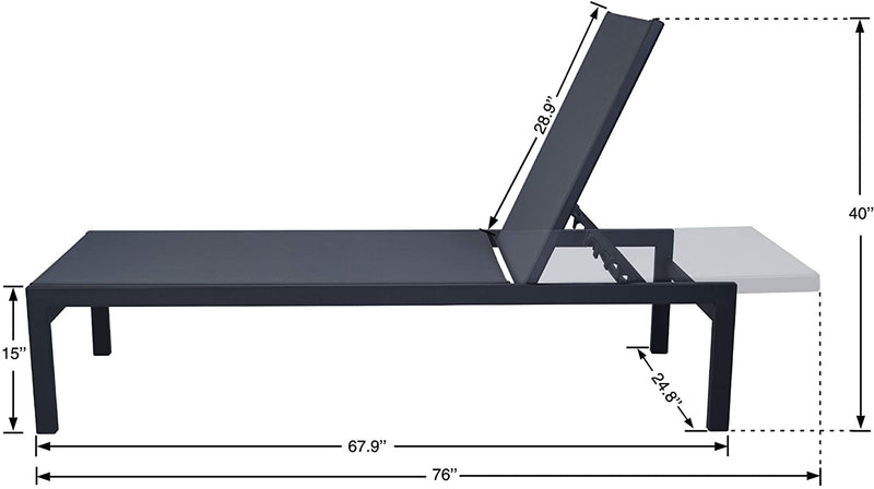 A gray outdoor lounge chair with a black frame is displayed with its dimensions. The measurements include a length of 76 inches, a width of 24.1 inches, a height of 15 inches at the lowest point and 39.3 inches at the highest point when the backrest is raised. The backrest itself measures 30 inches. gray outdoor lounge chair, lounge chair dimensions, black-framed lounge chair, outdoor relaxation furniture.

